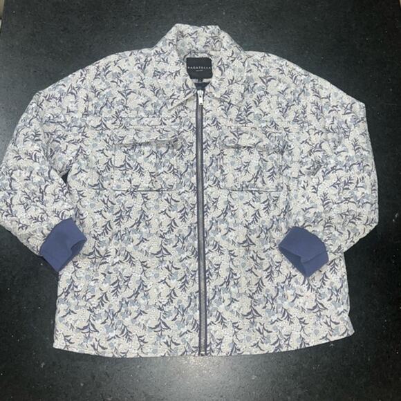 NEW BAGATELLE 100% COTTON IVORY BLUE FLORAL QUILTED ZIP UP COLLARED JACKET SZ S - Picture 1 of 11